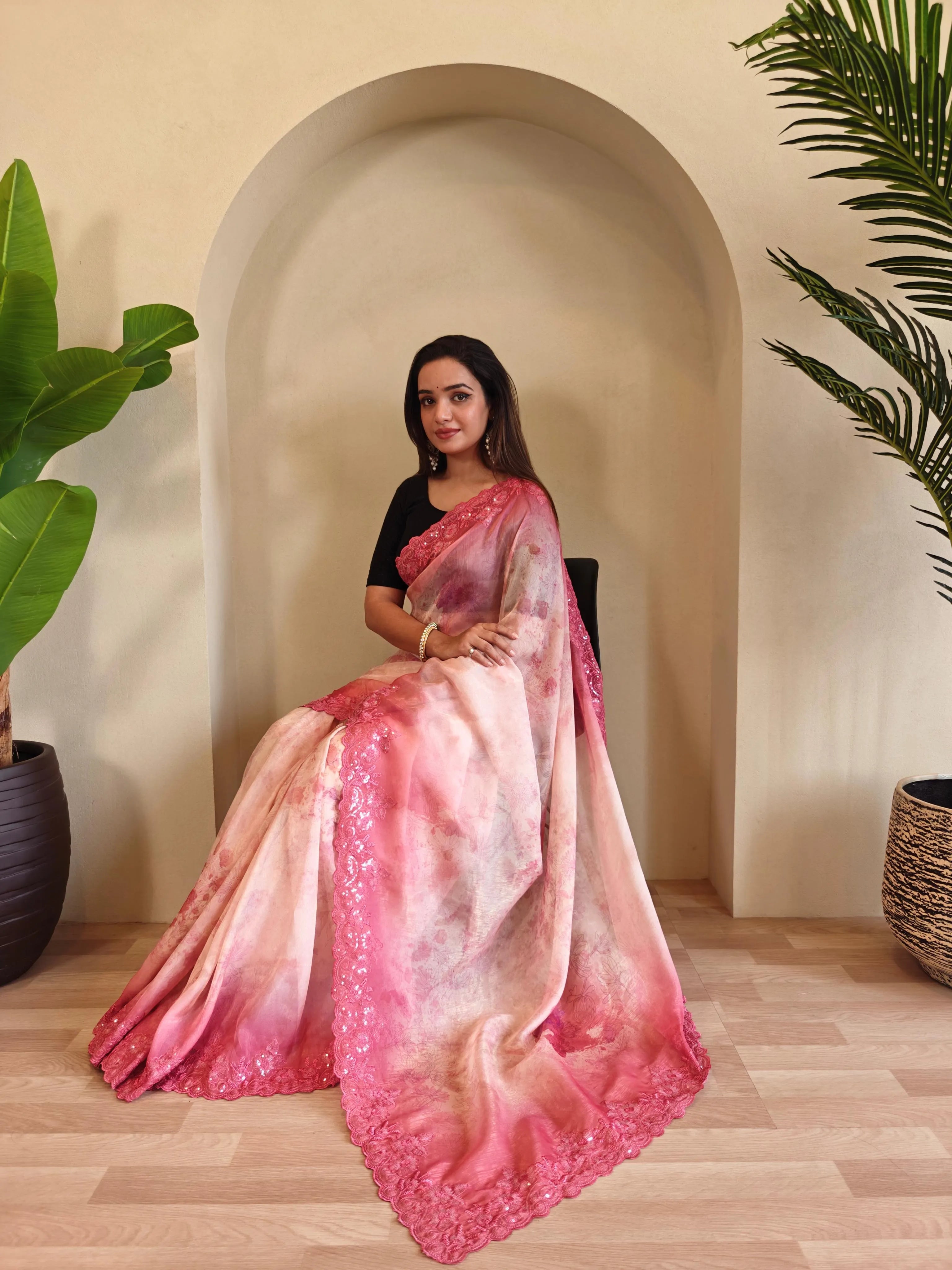 Organza Digital Printed Embroidered Saree