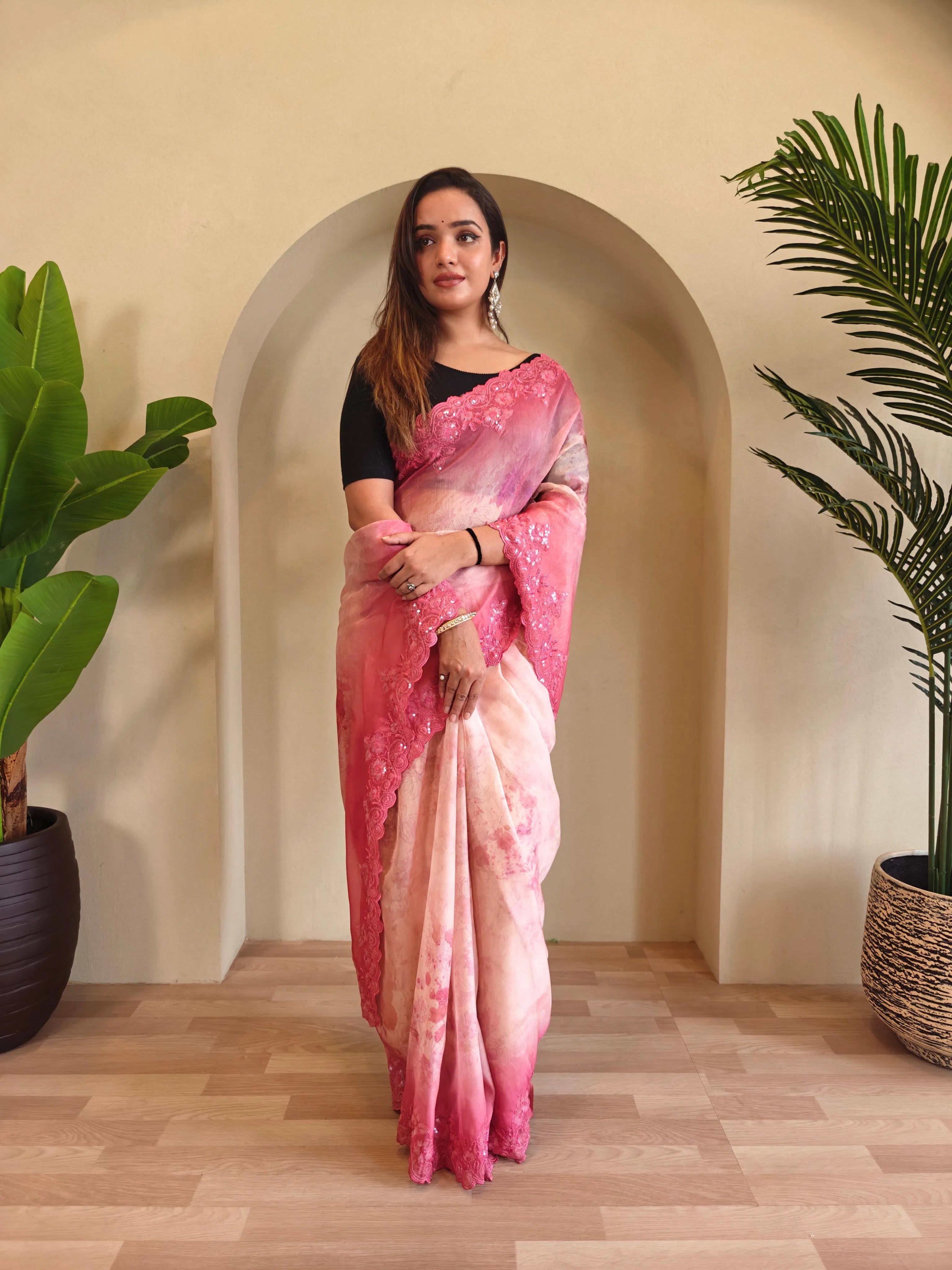 Organza Digital Printed Embroidered Saree