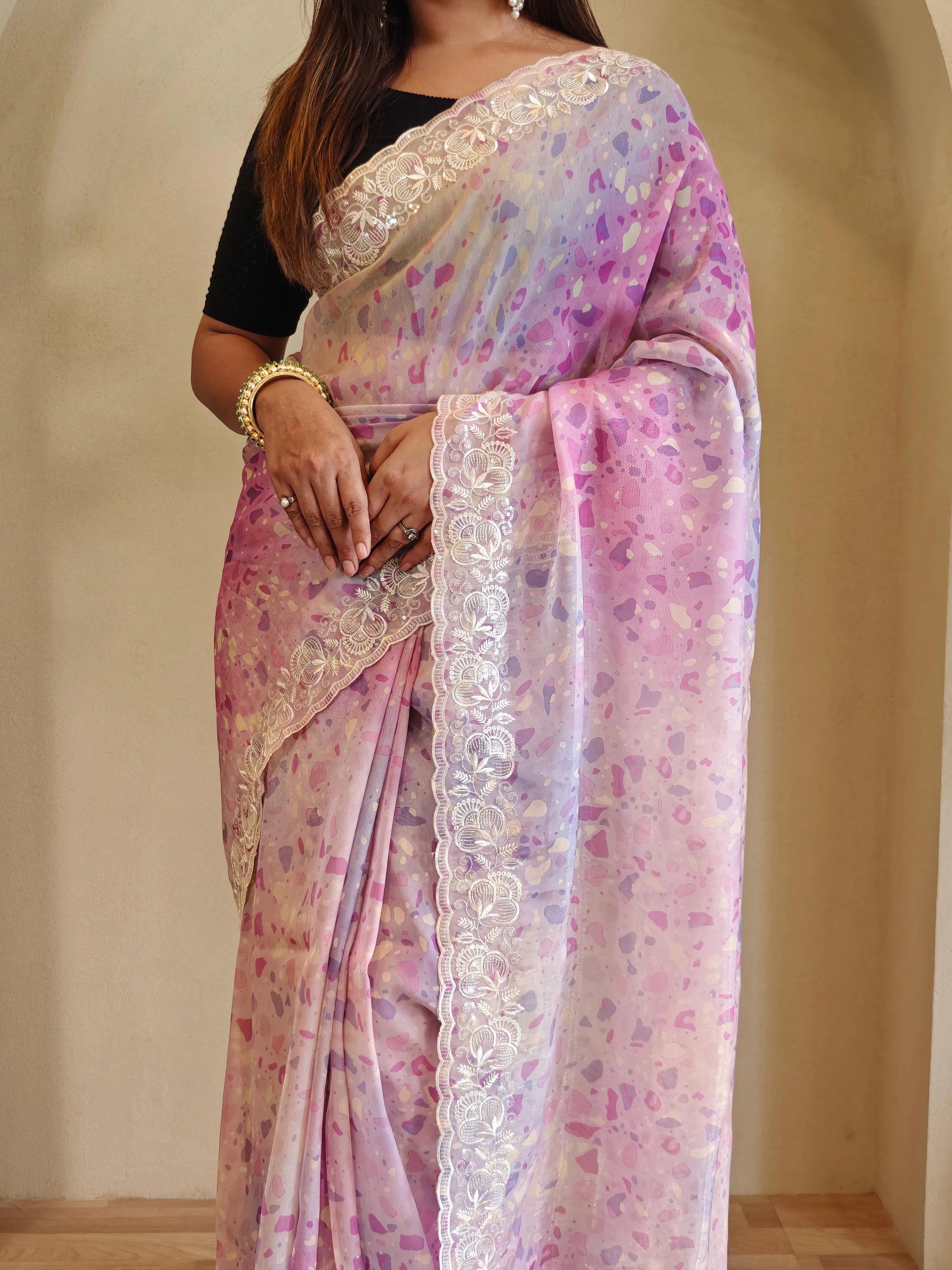 Organza Digital Printed Embroidered Saree