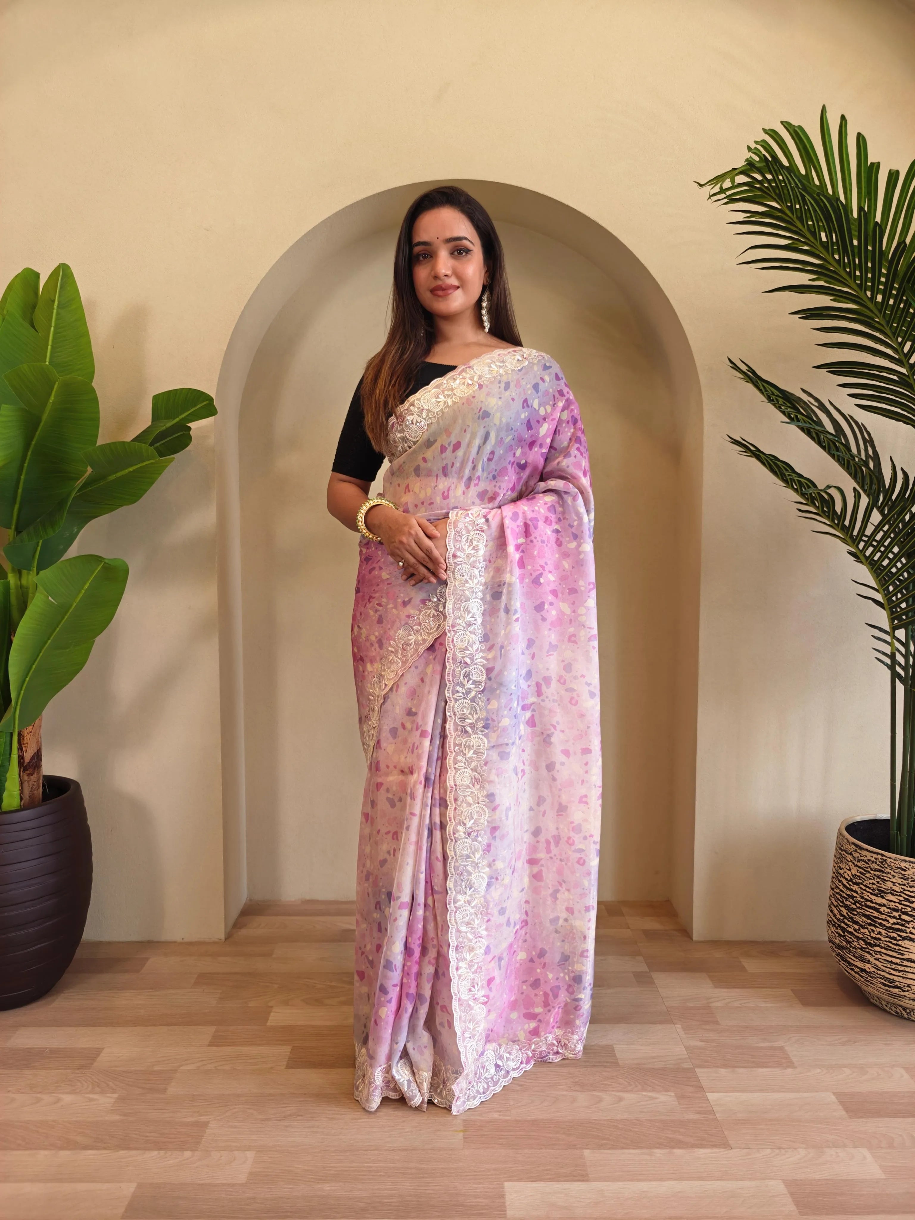 Organza Digital Printed Embroidered Saree