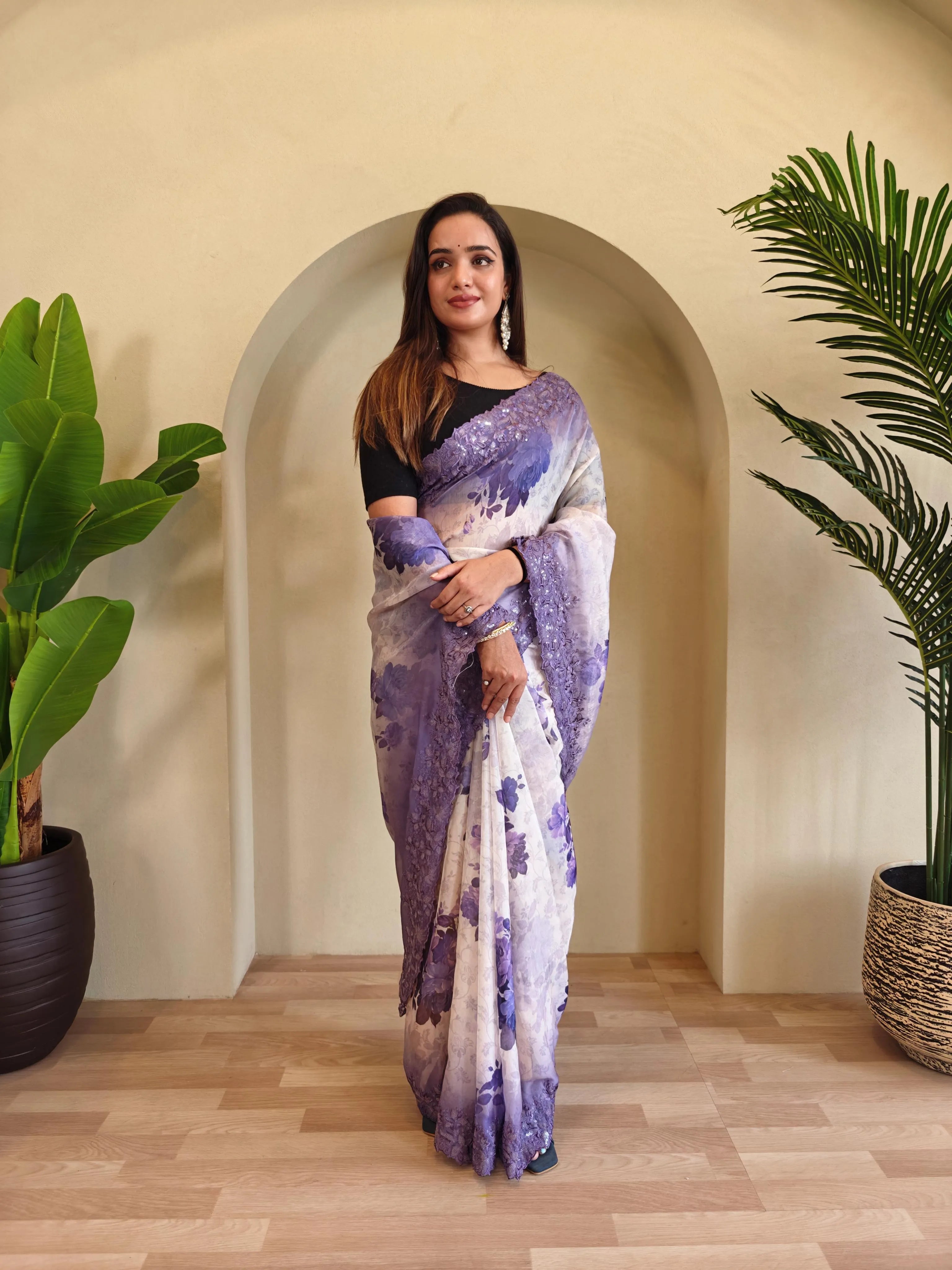 Organza Digital Printed Embroidered Saree