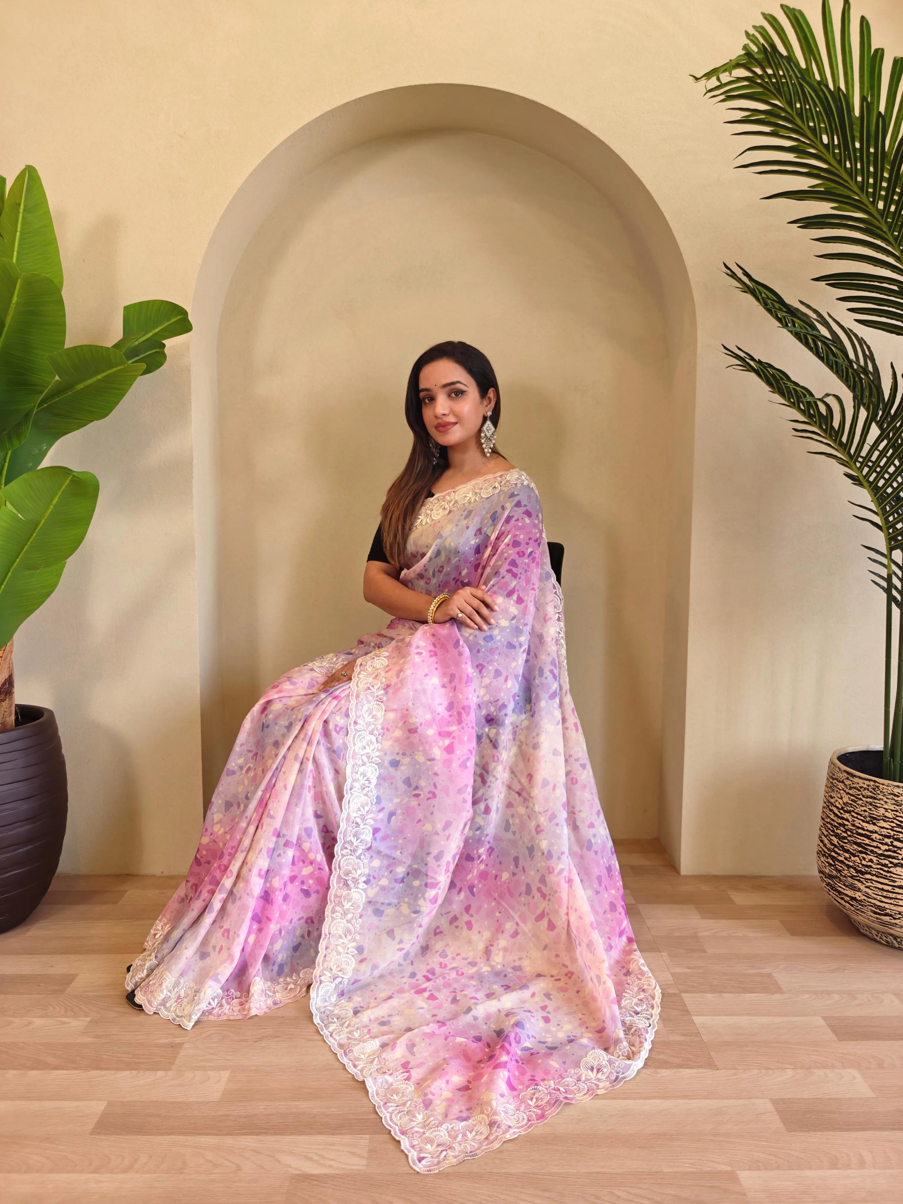 Organza Digital Printed Embroidered Saree