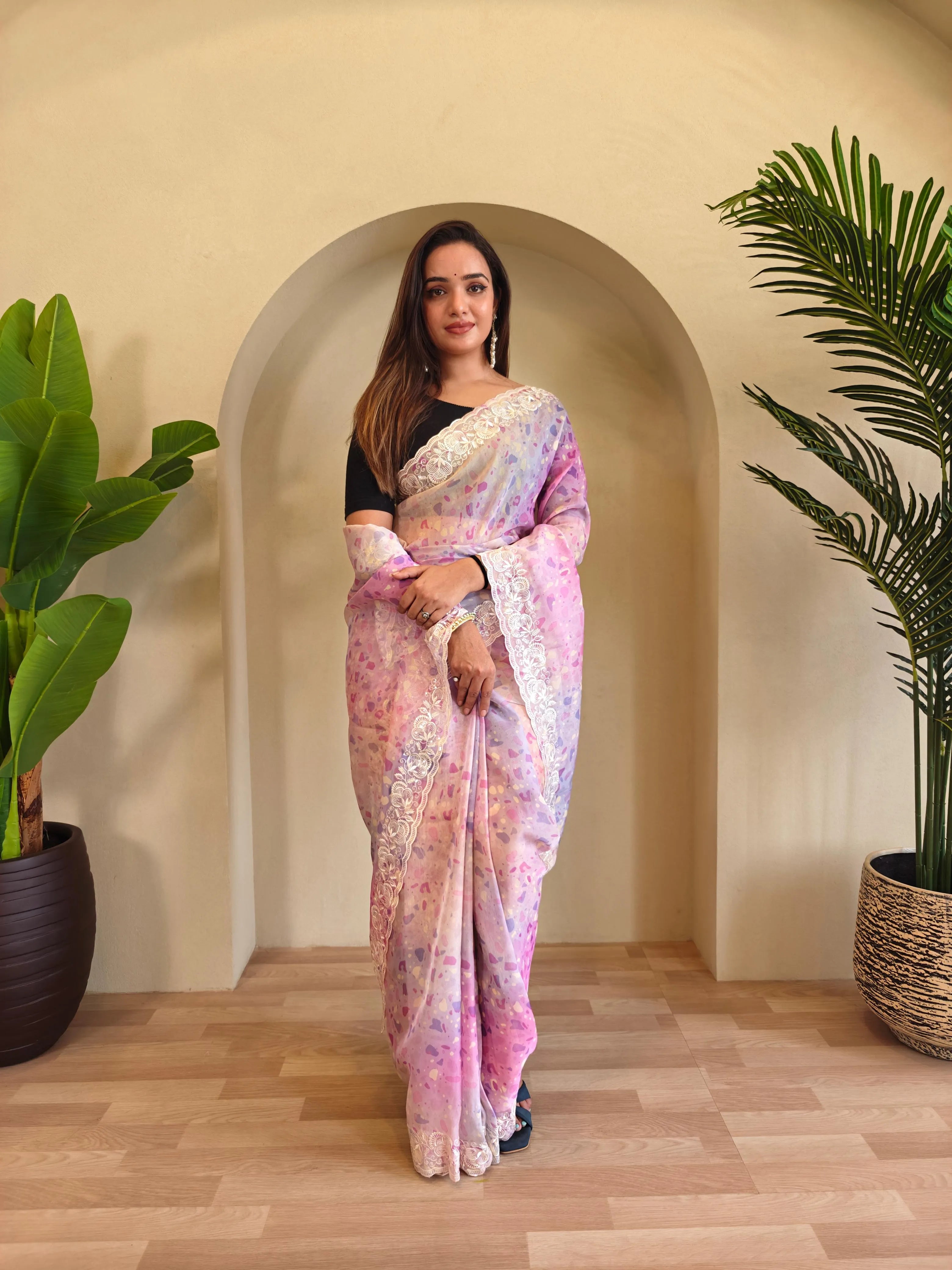 Organza Digital Printed Embroidered Saree