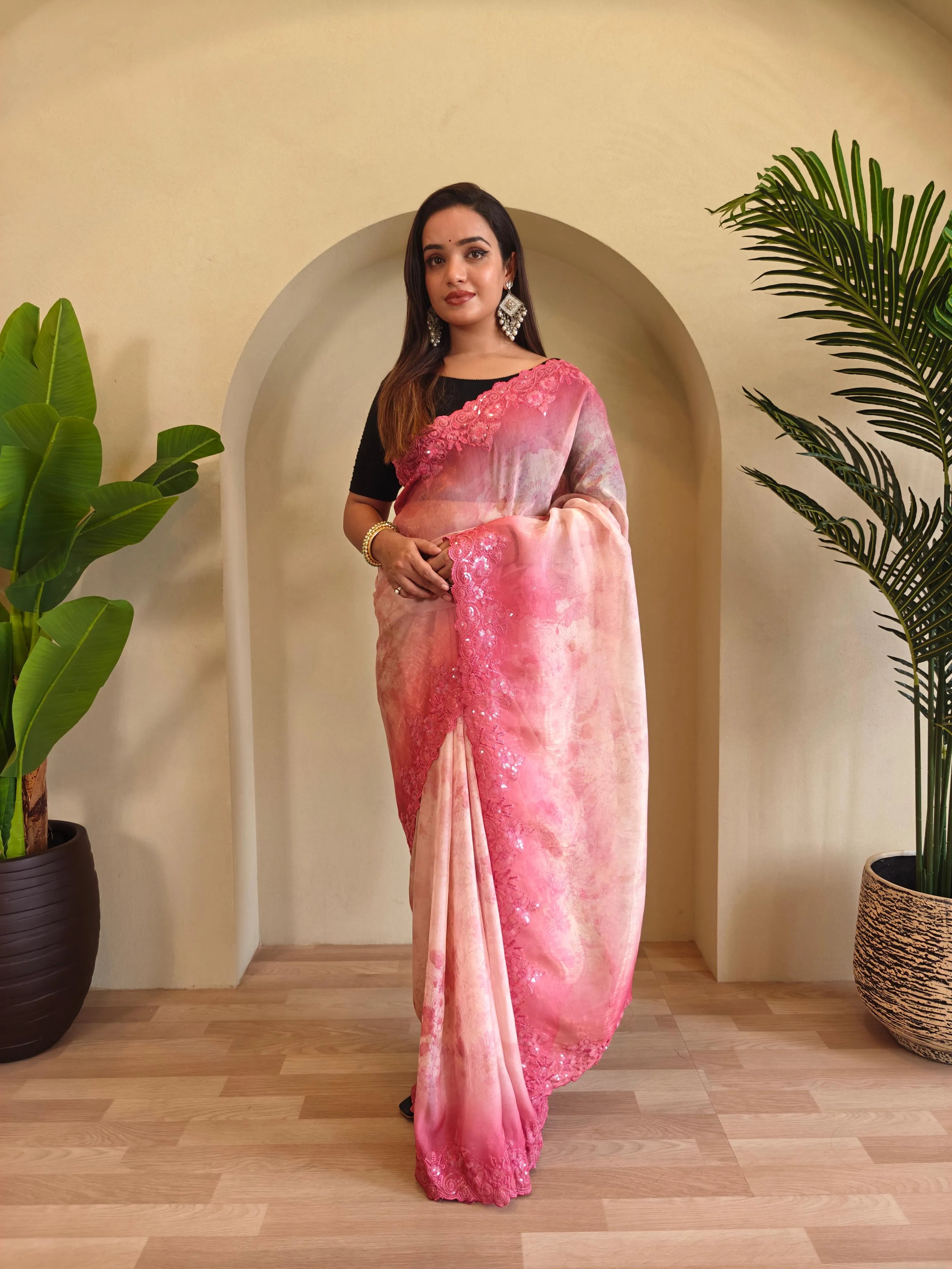 Organza Digital Printed Embroidered Saree