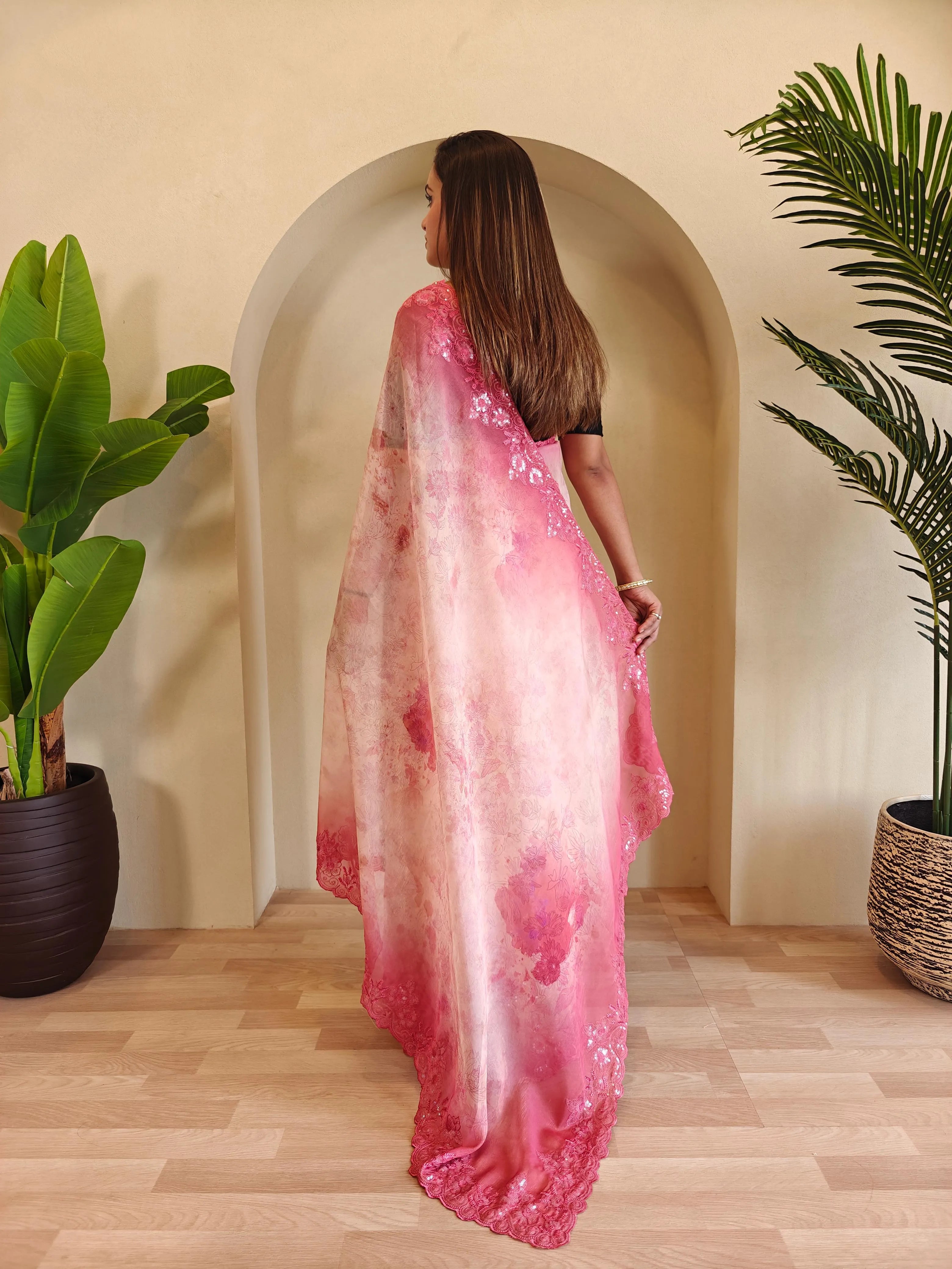 Organza Digital Printed Embroidered Saree