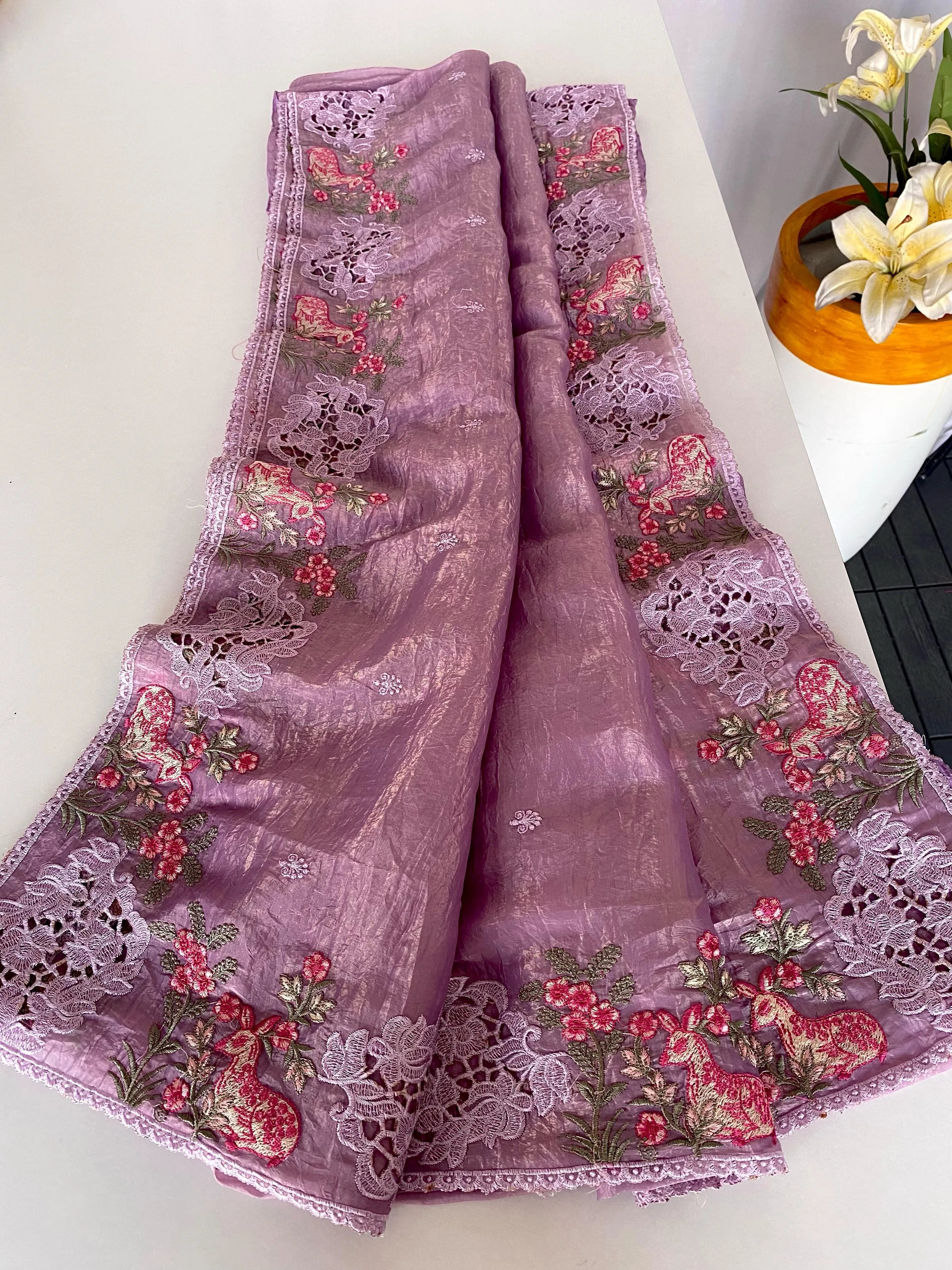 Crush Silk Embroidery Work Designer Saree