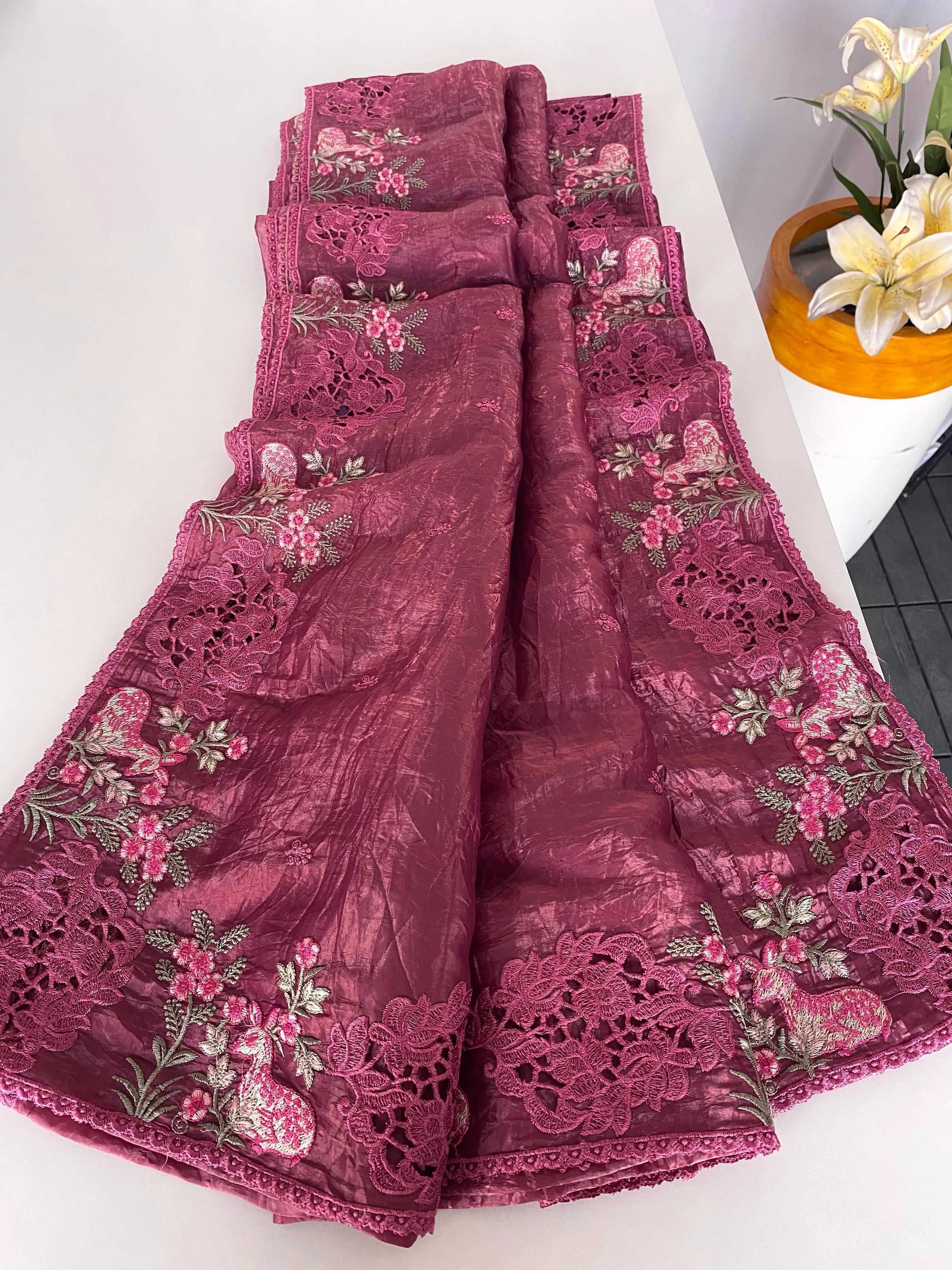 Crush Silk Embroidery Work Designer Saree