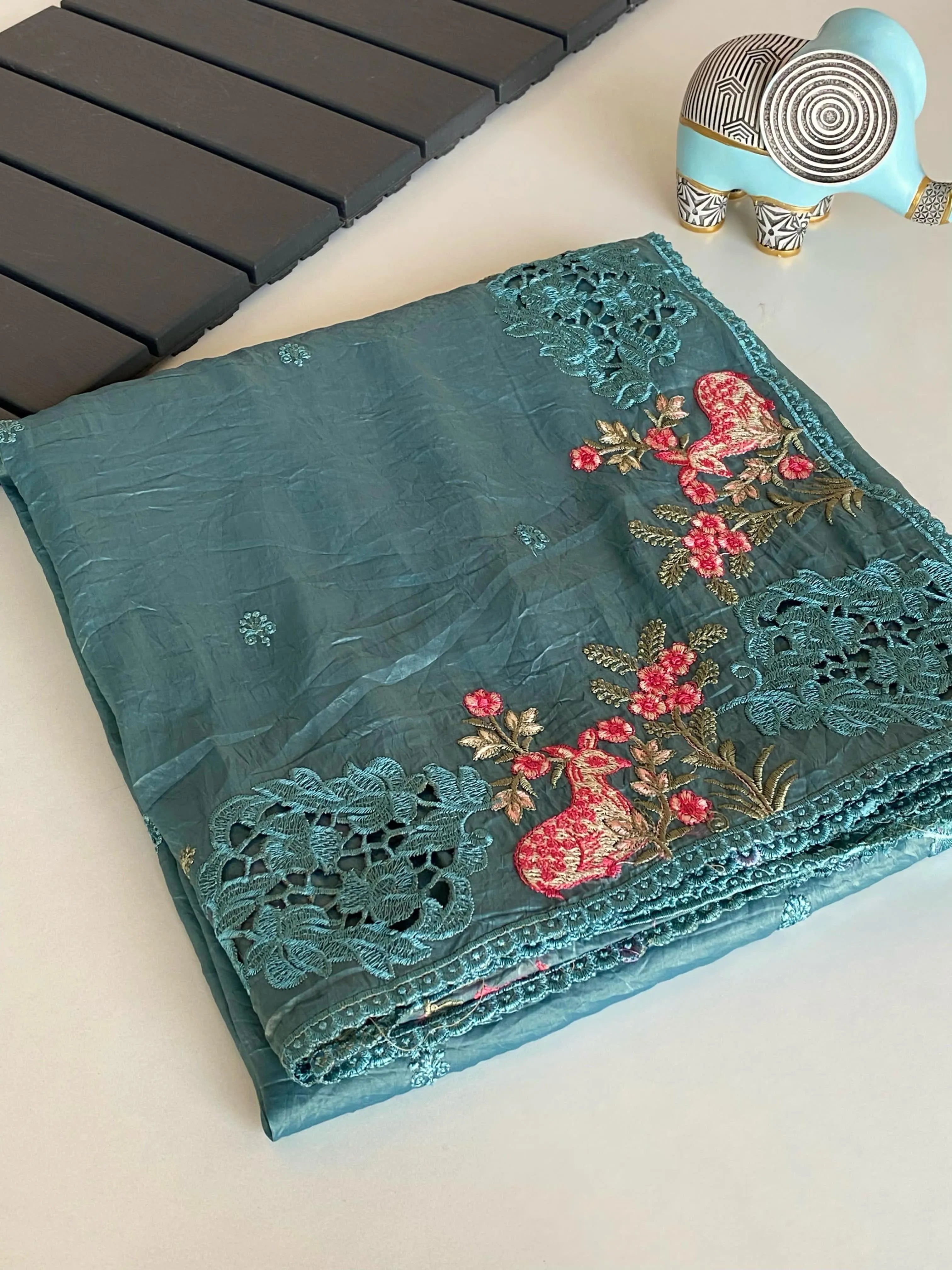 Crush Silk Embroidery Work Designer Saree