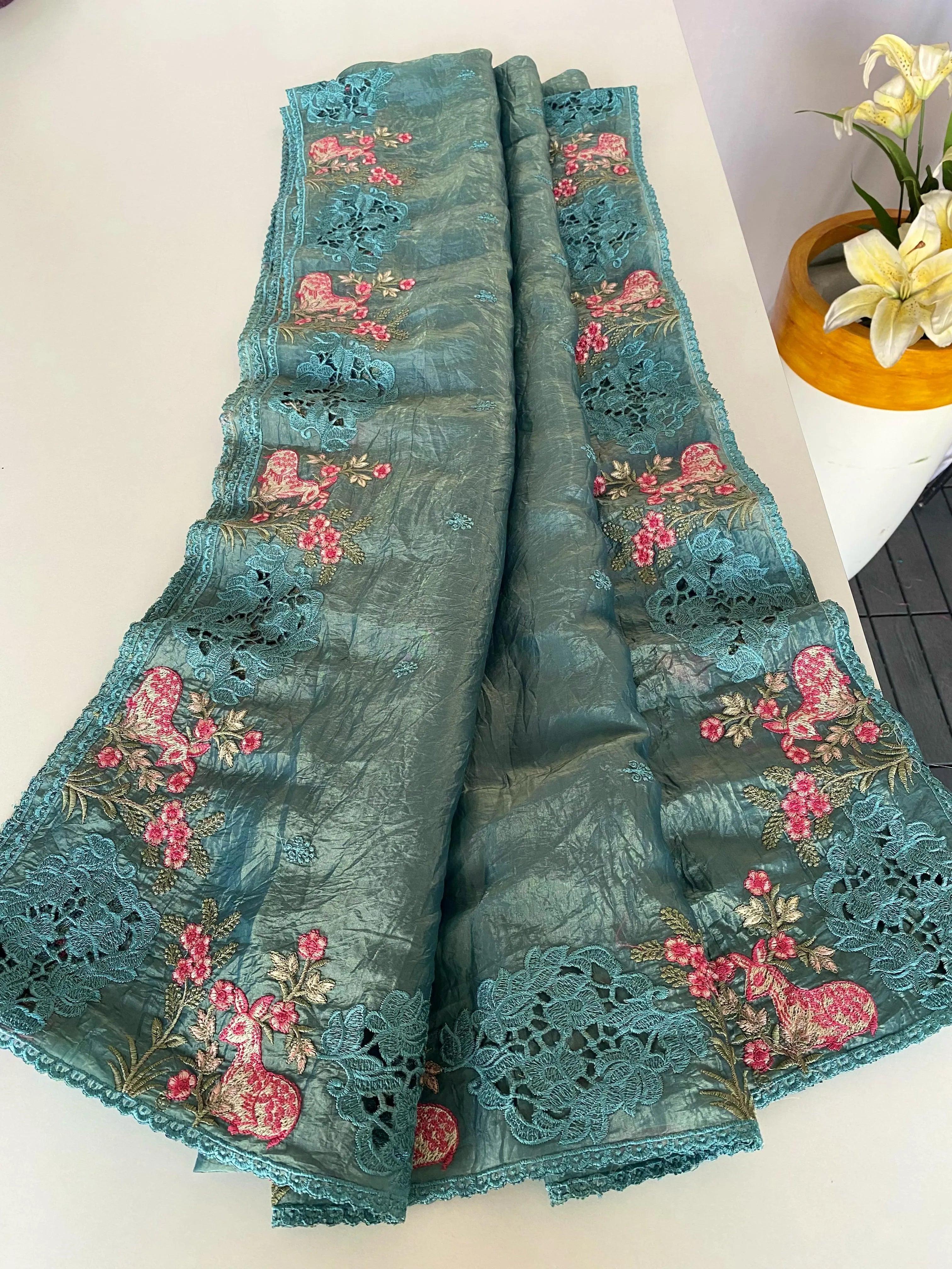 Crush Silk Embroidery Work Designer Saree