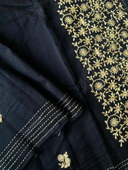 Black Matka Silk Embroidery Saree