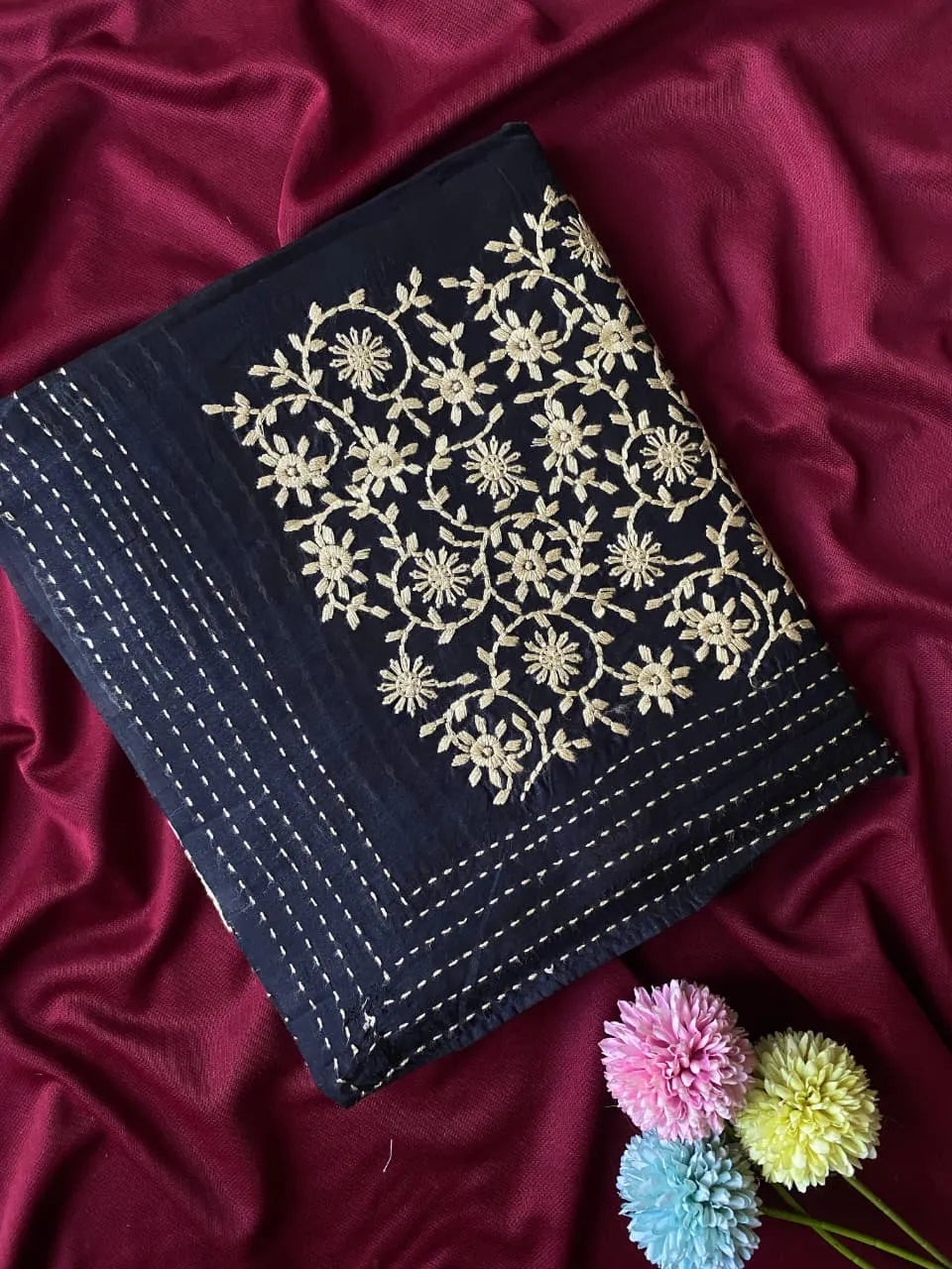 Black Matka Silk Embroidery Saree