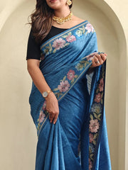 Tussar Silk Embroidery Floral Pattern Saree