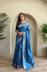 Tussar Silk Embroidery Floral Pattern Saree
