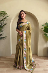 Tussar Silk Embroidery Floral Pattern Saree