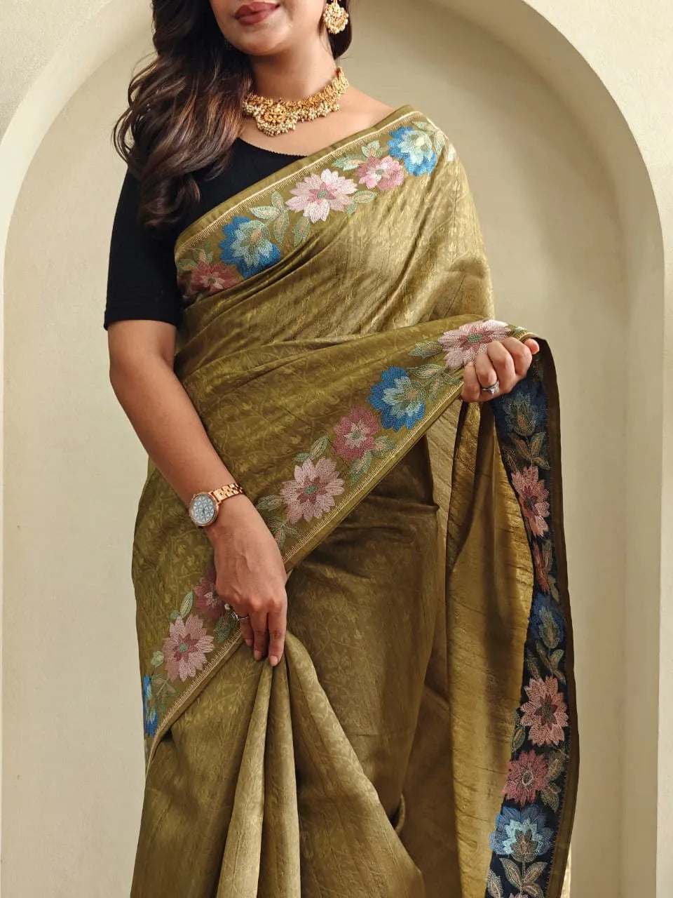 Tussar Silk Embroidery Floral Pattern Saree