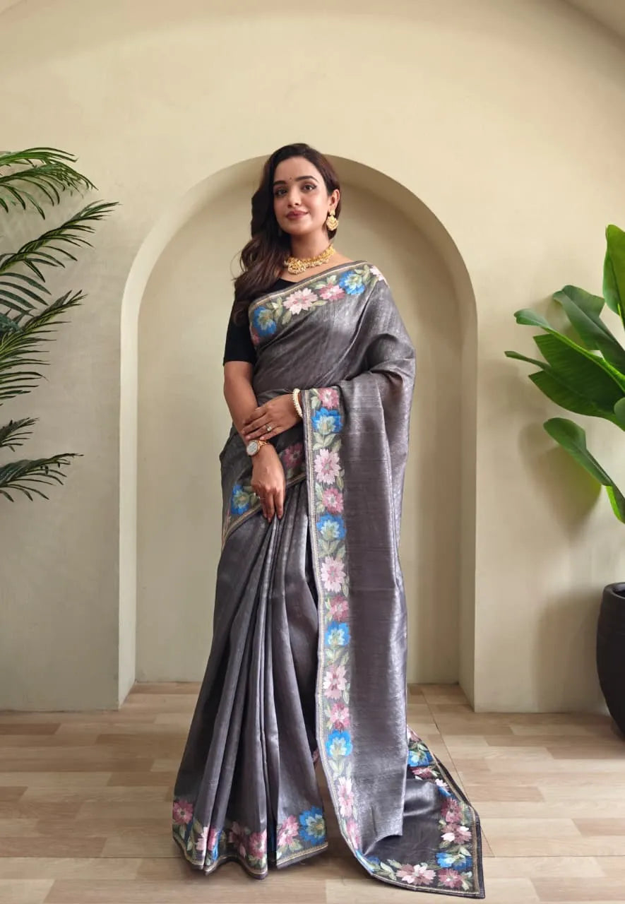 Tussar Silk Embroidery Floral Pattern Saree