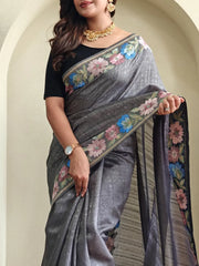 Tussar Silk Embroidery Floral Pattern Saree