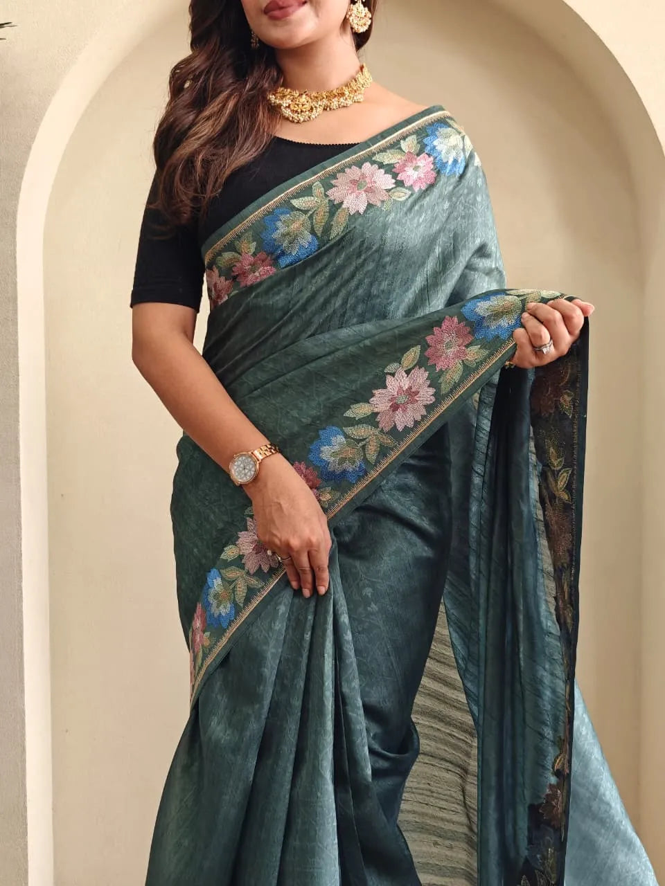 Tussar Silk Embroidery Floral Pattern Saree