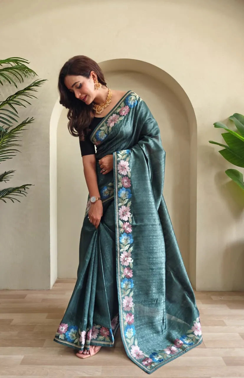 Tussar Silk Embroidery Floral Pattern Saree