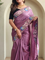 Tussar Silk Embroidery Floral Pattern Saree