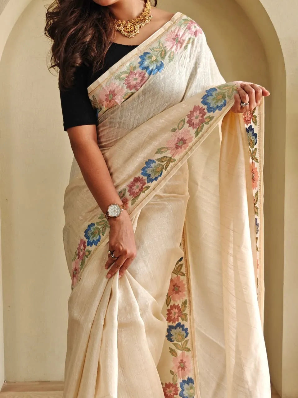 Tussar Silk Embroidery Floral Pattern Saree