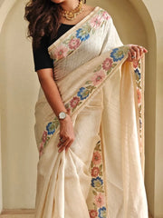 Tussar Silk Embroidery Floral Pattern Saree
