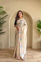 Tussar Silk Embroidery Floral Pattern Saree
