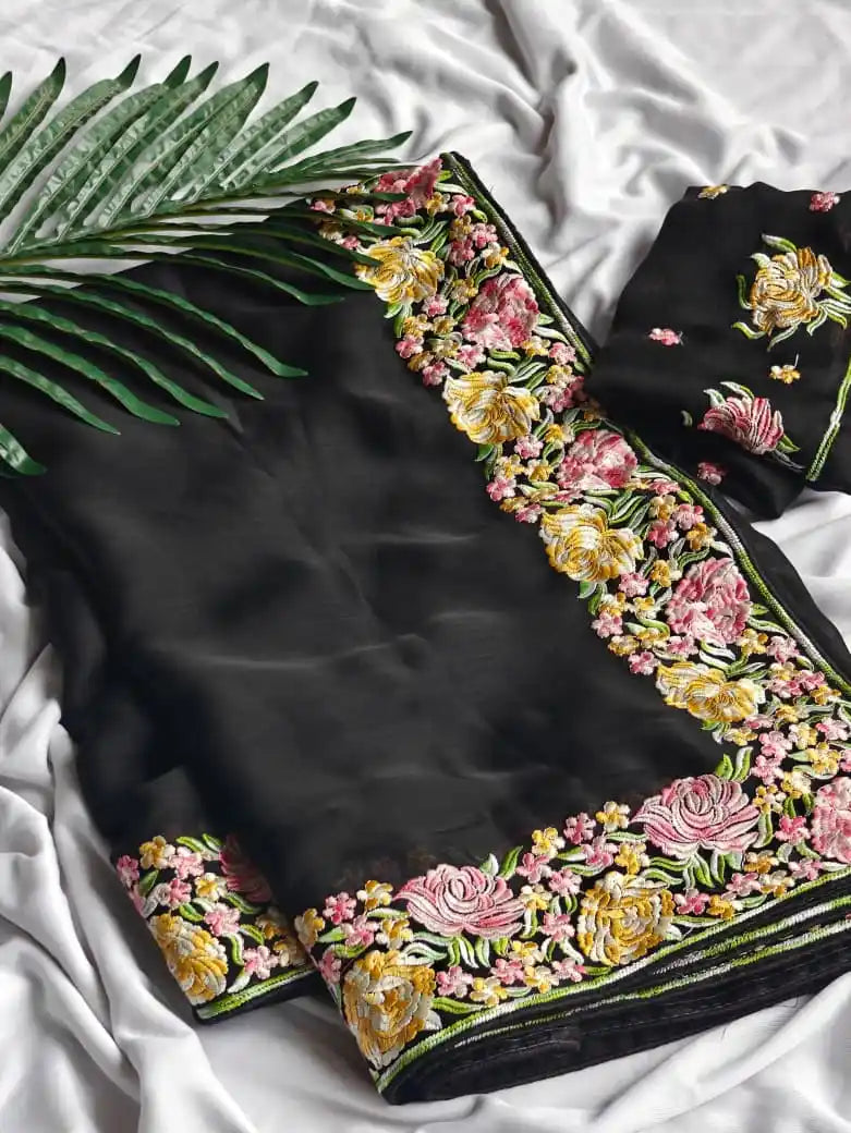 Pure Soft Chiffon Kashmiri Thread Embroidered Saree