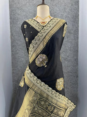 Banarasi Jaal Embroidery Sequence Work Sarees (Unstiched Blouse)