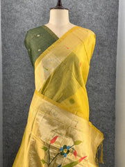 Pure Muga Cotton Parrot Paithani Saree