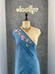 Pure Tussar Silk Saree – Floral & Bird Embroidery