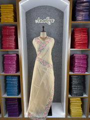 Pure Tussar Silk Saree – Floral & Bird Embroidery