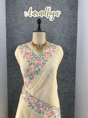 Pure Tussar Silk Saree – Floral & Bird Embroidery