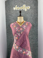 Pure Tussar Silk Saree – Floral & Bird Embroidery