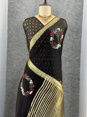 Viscose Georgette Embroidery Crown Thread Work Saree