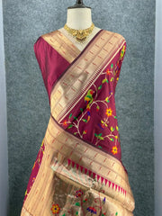 Parrot & Floral Weaving Paithani Soft Silk Saree