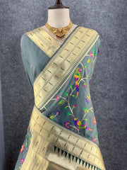 Parrot & Floral Weaving Paithani Soft Silk Saree