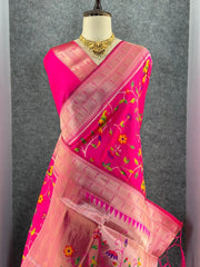 Parrot & Floral Weaving Paithani Soft Silk Saree