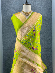 Parrot & Floral Weaving Paithani Soft Silk Saree