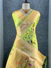 Parrot & Floral Weaving Paithani Soft Silk Saree