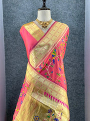 Parrot & Floral Weaving Paithani Soft Silk Saree