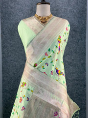 Parrot & Floral Weaving Paithani Soft Silk Saree