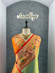 Banarsai Peacock & Parrot Weaving Paithani Saree