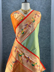 Banarsai Peacock & Parrot Weaving Paithani Saree