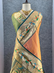 Banarsai Peacock & Parrot Weaving Paithani Saree