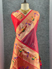 Banarsai Peacock & Parrot Weaving Paithani Saree