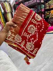 Gaji Silk Original Bandhani Gota Pati Hand Work Saree