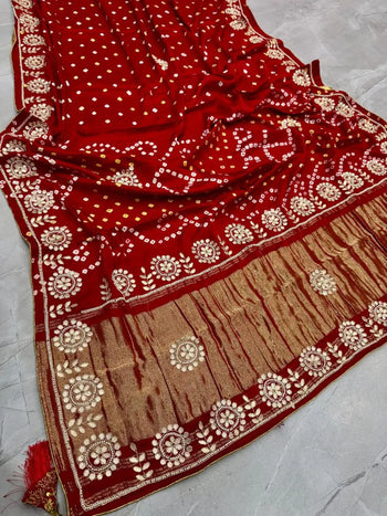 Gaji Silk Original Bandhani Gota Pati Hand Work Saree