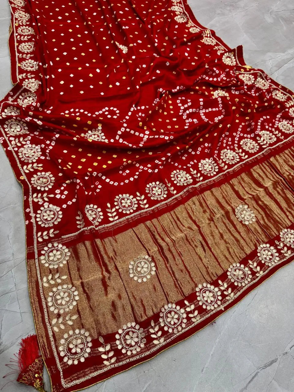 Gaji Silk Original Bandhani Gota Pati Hand Work Saree