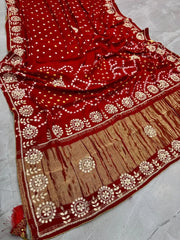 Gaji Silk Original Bandhani Gota Pati Hand Work Saree